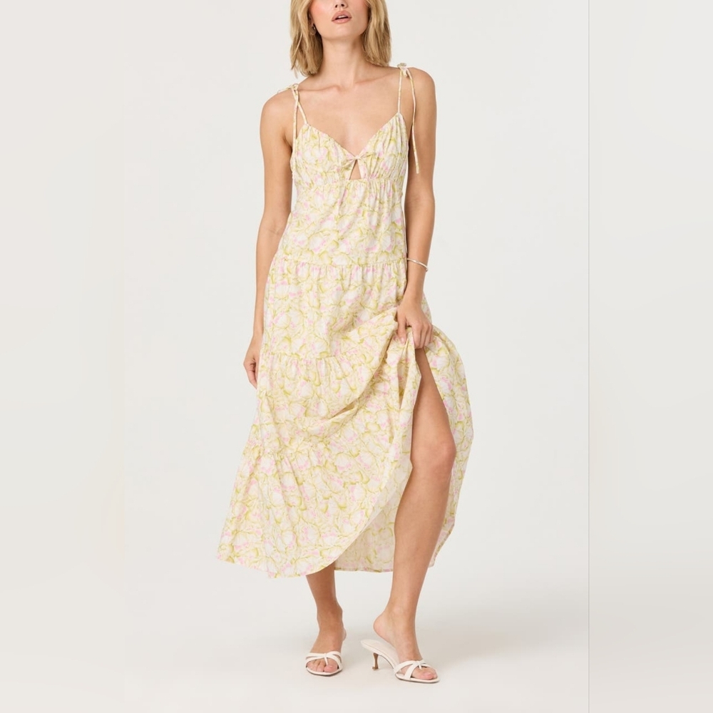 NWT - ASTR the Label Cotton Tie Strap Tiered Lined Yellow Floral Maxi Dress-Sz L